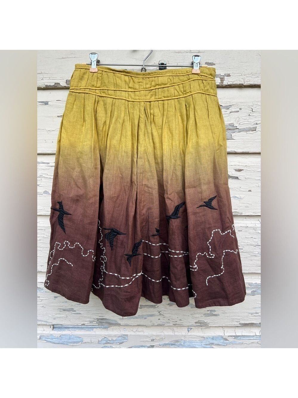 Anthropologie Lithe Linen Embroidered Birds A-Line BoHo Beachy Ombré Midi Skirt
